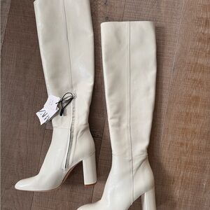 BNWT Zara Cream Off white Real Leather Knee-High almond toes Block heel Boots